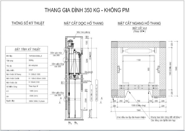 Kích thước thang máy gia đình 350kg tiêu chuẩn hiện nay Kích thước thang máy gia đình 350kg tiêu chuẩn hiện nay
