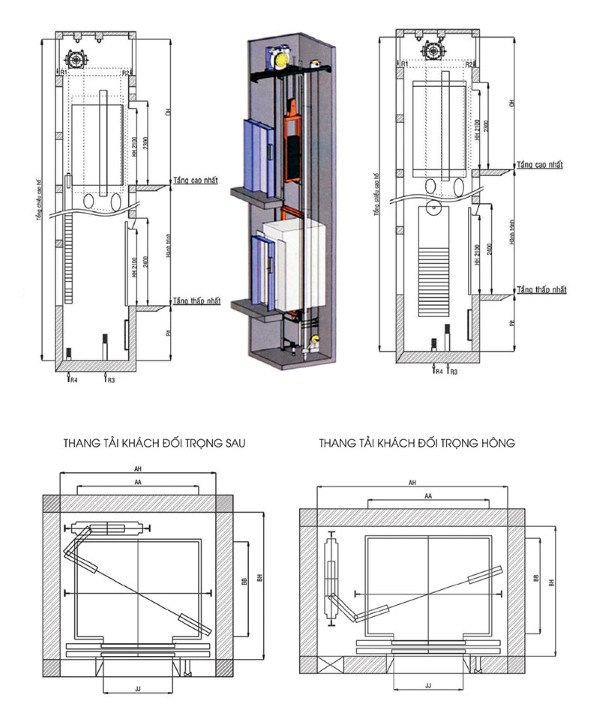 Bản vẽ kỹ thuật và sơ đồ kiến trúc cơ bản kích thước thang máy gia đình 350kg Bản vẽ kỹ thuật và sơ đồ kiến trúc cơ bản kích thước thang máy gia đình 350kg