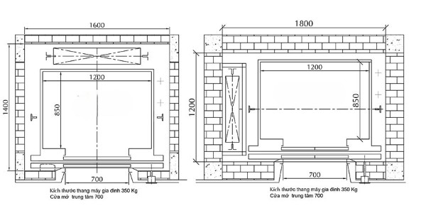 Bảng vẽ so sánh kỹ thuật kích thước thang máy gia đình 350kg tiêu chuẩn và tiết kiệm Bảng vẽ so sánh kỹ thuật kích thước thang máy gia đình 350kg tiêu chuẩn và tiết kiệm