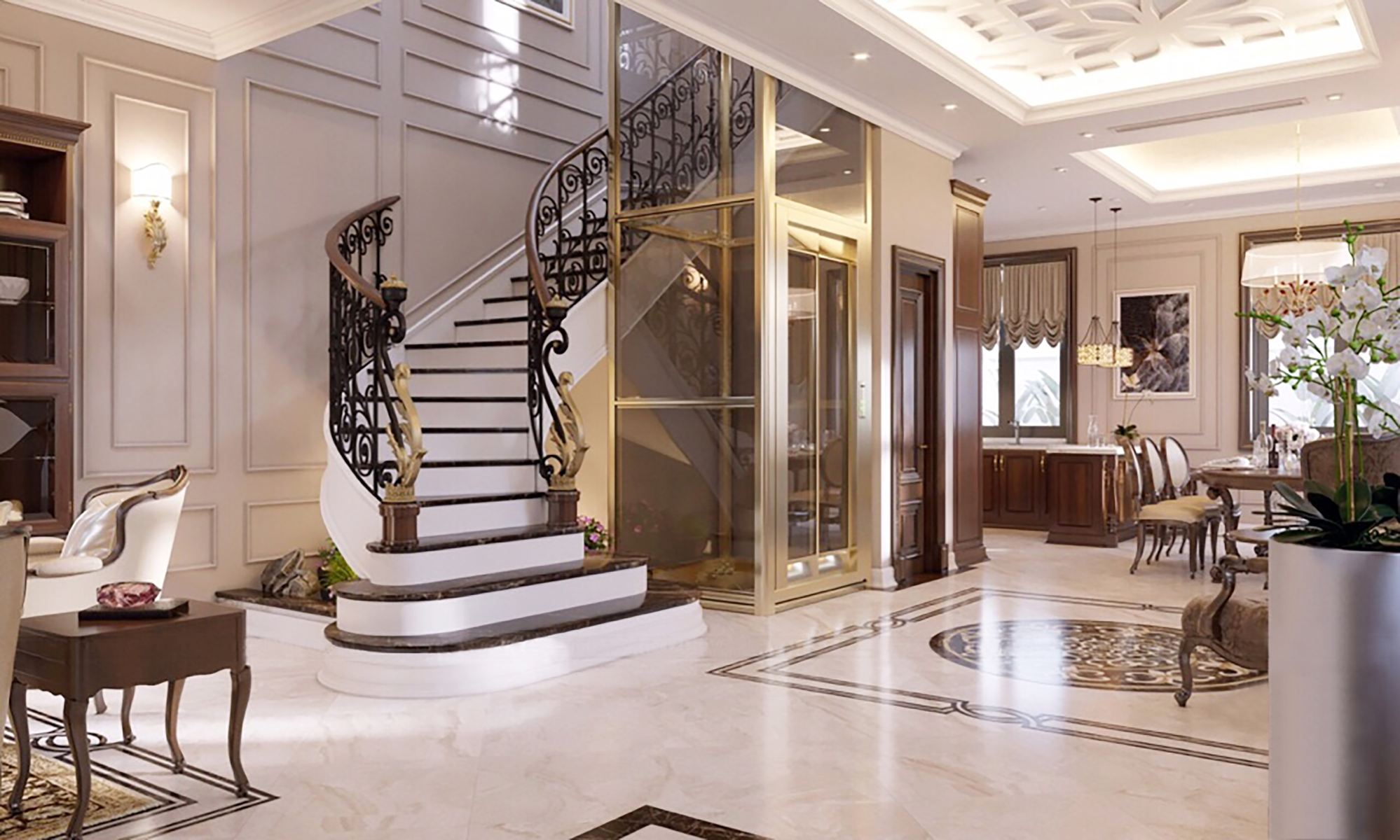 Kiểu nhà thang máy kính kết hợp cầu thang bộ truyền thống Kiểu nhà thang máy kính kết hợp cầu thang bộ truyền thống