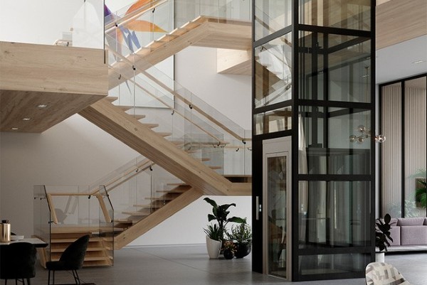 Cầu thang bộ và thang máy đối diện nhau