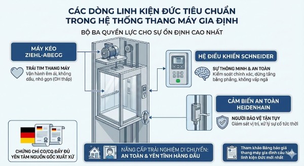 Các dòng linh kiện Đức tiêu chuẩn trong hệ thống Thang Máy Gia Định Các dòng linh kiện Đức tiêu chuẩn trong hệ thống Thang Máy Gia Định