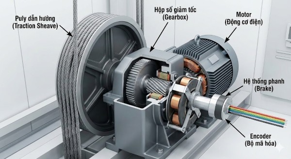 Cấu tạo máy dẫn động thang máy Cấu tạo máy dẫn động thang máy