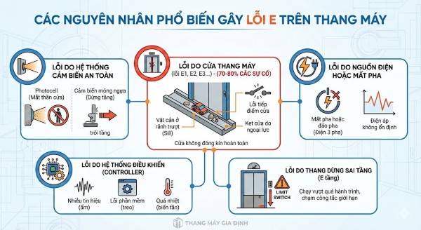 Các nguyên nhân phổ biến gây lỗi E trên thang máy Các nguyên nhân phổ biến gây lỗi E trên thang máy