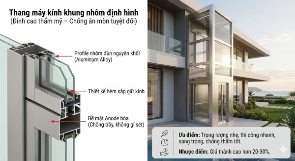 Thang máy kính khung nhôm định hình Thang máy kính khung nhôm định hình