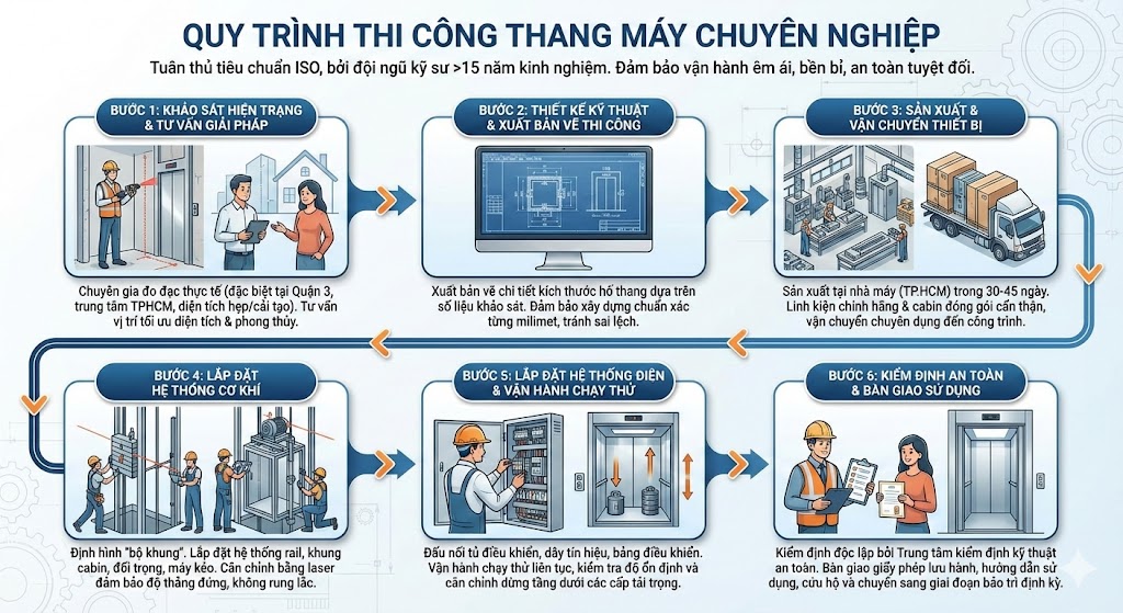 Quy trình thi công thang máy chuyên nghiệp của Thang Máy Gia Định Quy trình thi công thang máy chuyên nghiệp của Thang Máy Gia Định