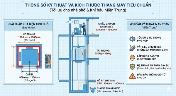 Thông số kỹ thuật và kích thước thang máy tiêu chuẩn tối ưu cho nhà diện tích nhỏ tại Nghệ An