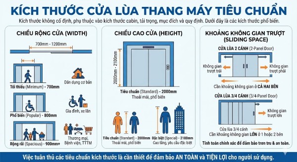 Kích thước cửa lùa thang máy tiêu chuẩn