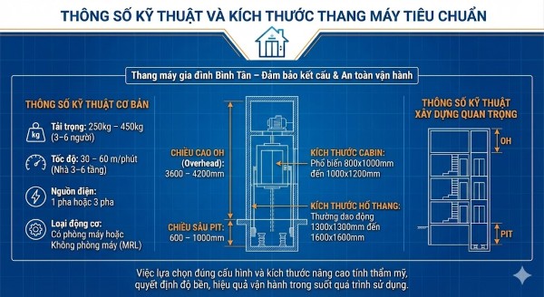 Thông số kỹ thuật và kích thước tiêu chuẩn khi lắp đặt thang máy gia đình Bình Tân
