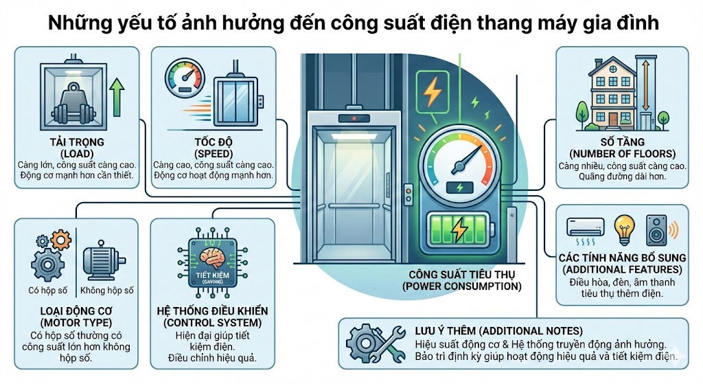 Những yếu tố ảnh hưởng đến công suất điện thang máy gia đình Những yếu tố ảnh hưởng đến công suất điện thang máy gia đình