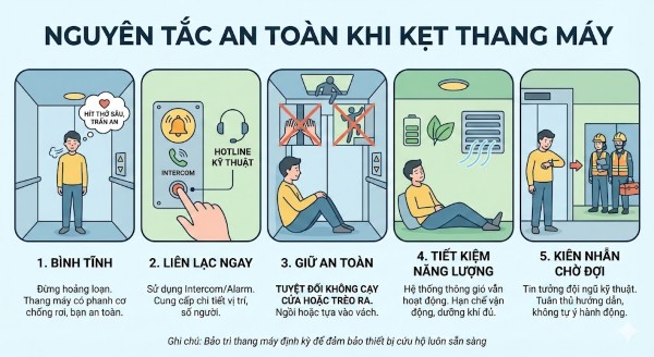 Nguyên tắc an toàn cho người sử dụng khi bị kẹt thang máy Nguyên tắc an toàn cho người sử dụng khi bị kẹt thang máy