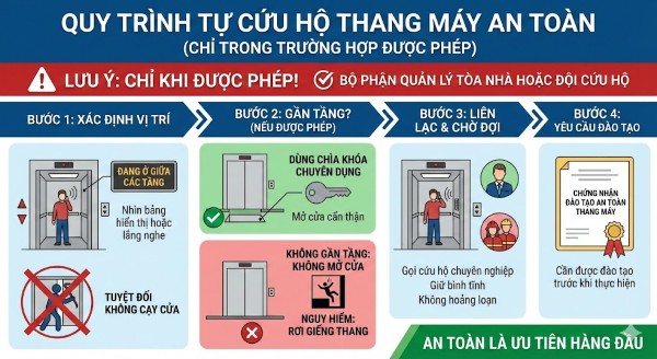 Quy trình tự cứu hộ thang máy an toàn (chỉ trong trường hợp được phép) Quy trình tự cứu hộ thang máy an toàn (chỉ trong trường hợp được phép)