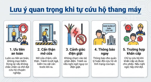 Lưu ý quan trọng khi tự cứu hộ thang máy Lưu ý quan trọng khi tự cứu hộ thang máy