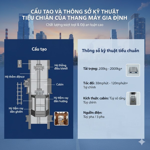 Cấu tạo và thông số kỹ thuật tiêu chuẩn của thang máy Gia Định