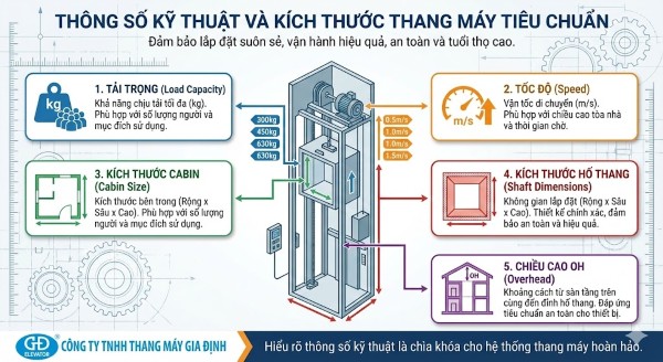 Thông số kỹ thuật và kích thước thang máy tiêu chuẩn