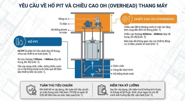 Yêu cầu về hố PIT và chiều cao OH (Overhead) tiêu chuẩn của thang máy