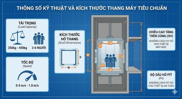Thông số kỹ thuật và kích thước thang máy tiêu chuẩn