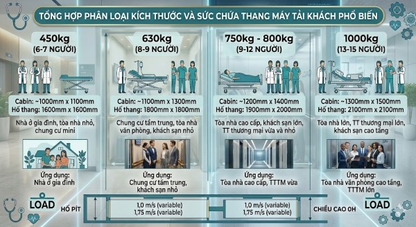 Kích thước thang máy tải khách được phân chia theo tải trọng