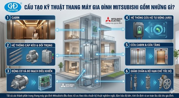 Cấu tạo kỹ thuật thang máy gia đình Mitsubishi