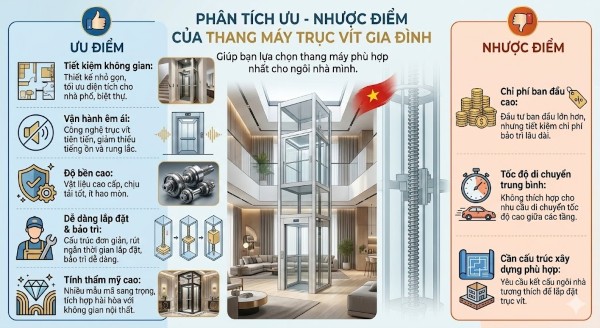 Một số lợi ích và hạn chế của thang máy gia đình trục vít
