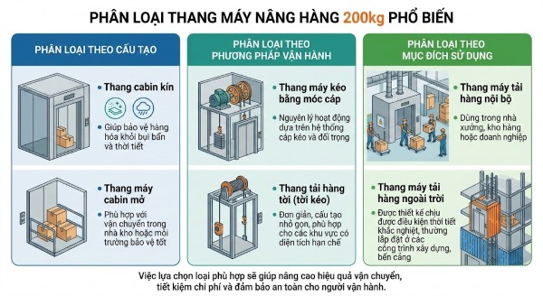 Thang máy tải hàng 200kg được phân loại theo nhiều tiêu chí khác nhau