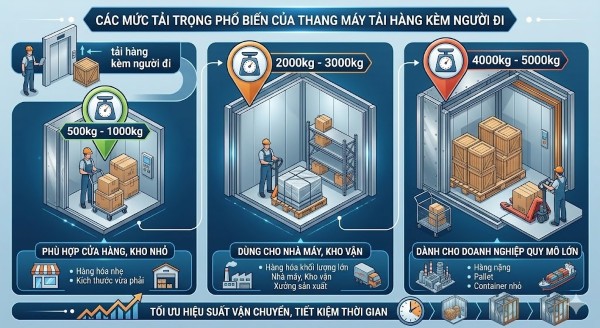 Các mức tải trọng phổ biến của thang máy tải hàng kèm người đi