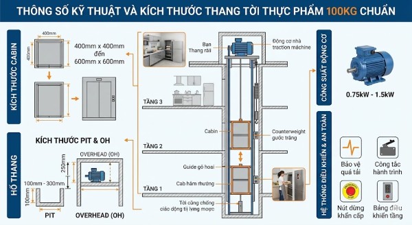 Thông số kỹ thuật và kích thước thang tời thực phẩm 100kg