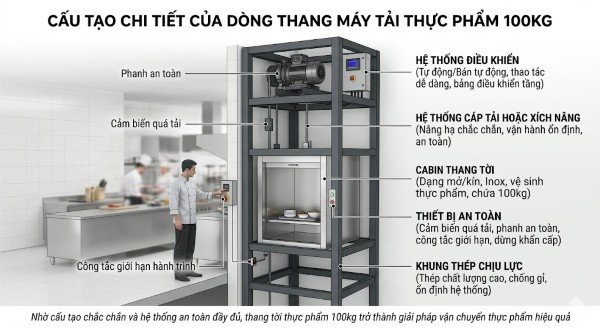 Cấu tạo chi tiết của thang máy tải thực phẩm 100kg