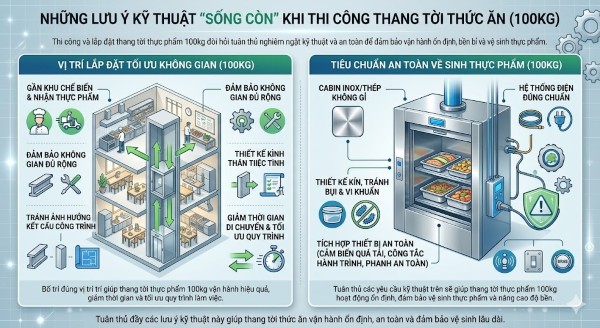 Những lưu ý kỹ thuật khi thi công thang tới thực phẩm 100kg