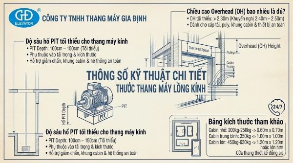 Thông số kỹ thuật chi tiết kích thước thang máy lồng kính